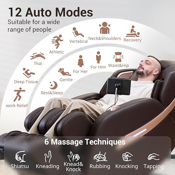 MYNTA Massage Chair Full Body, Zero Gravity SL Track Heavy Duty Massage Recliner Chair with Heat, 12 Auto Modes for Home, M1612 Brown