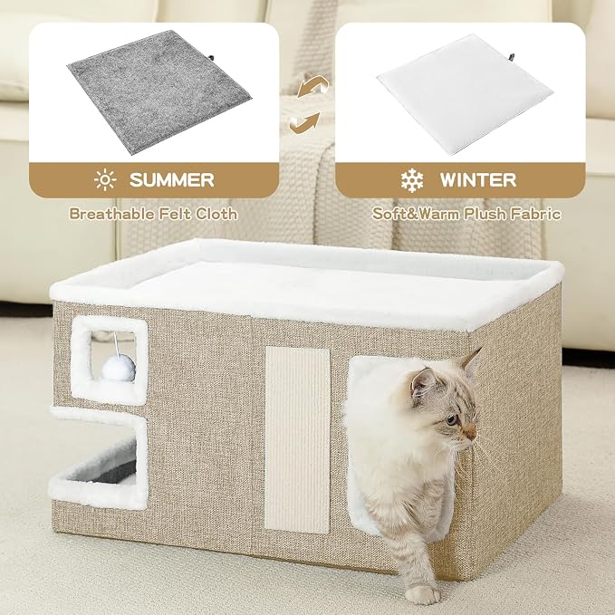Large Cat Houses for Indoor Cats, Extra Wide Covered Cat Cave Bed with Scratch Pad and Fluffy Ball, Foldable Cat Hideaway Condo for Large Cats, Modern Kitten Bed,23x16x13 inches (Khaki‌, XL)