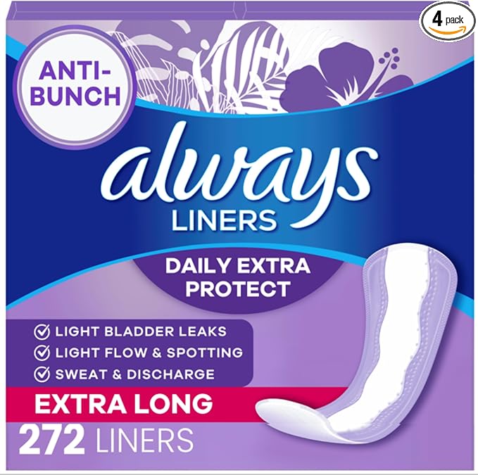 Always Panty Liners for Women Anti-Bunch Xtra Protection Daily Liners, Extra Long, Unscented, 68 Count x 4 (272 total)