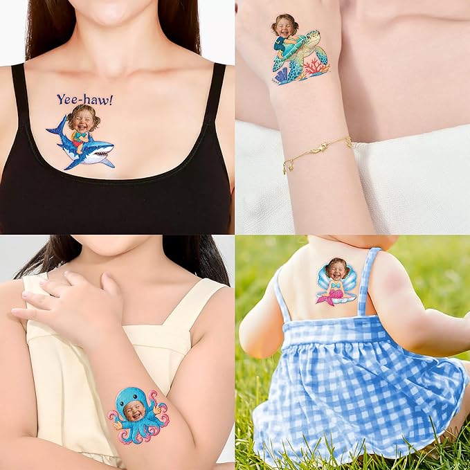 Custom Ocean Temporary Tattoos for Kids - Personalized Pre-Cut Face Photo Tattoos - Fun Birthday Party Favors for Boys Girls, Ocean Lovers - Set of 20 Unique Celebration Gifts