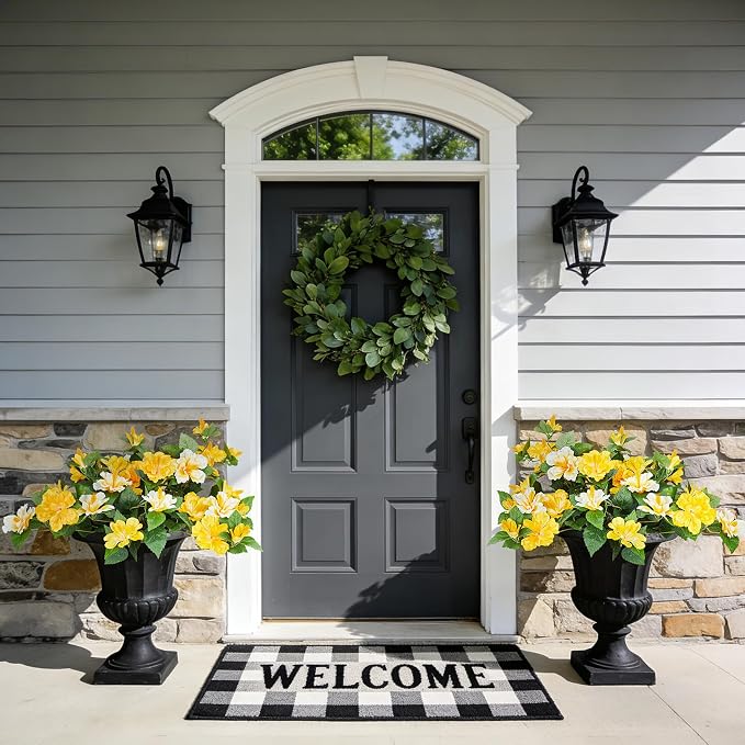 INXUGAO Artificial Flowers for Outdoors Indoors,2 Bunches Fake Hibiscus with Realistic UV Resistant Silk Flower Fabric Leaves,Faux Plants Outside for Home Patio Garden Yard Poch Decor(Yellow,White)