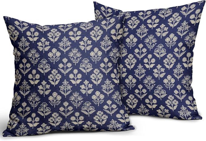 Navy Blue Floral Block Print Pillow Covers 16x16 Inch Set of 2, Vintage Flower Pattern Decorative Throw Pillowcases Outdoor Farmhouse Cushion Covers Spring Summer Rustic Sofa Couch Bed Decor