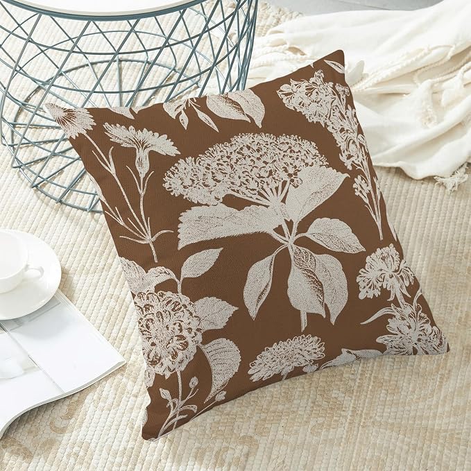 Floral Pillow Covers 18x18 Set of 2 Brown Beige Hydrangea Herbs Botanical Throw Pillow Cover Outdoor Decor Vintage Boho Flower Pillowcase Farmhouse Decorative Cushion Case for Home Couch Sofa