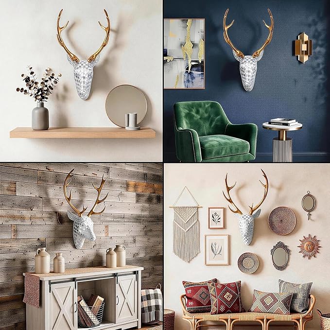 GIGICICI Mosaic Deer Head Wall Decor 15.7x8.7 Inch, Artistic Faux Resin Animal Head Wall Sculpture Hanging for Living Room Bedroom Kitchen Office, Gold-Silver Gift