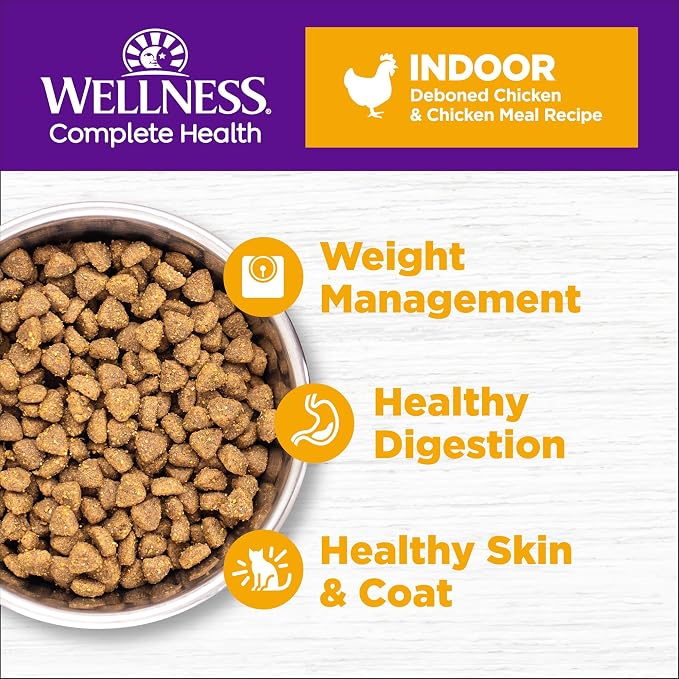 Wellness Complete Health Adult Dry Cat Food for Indoor Cats, Natural, Grain Free Kibble, Chicken Recipe, 11.5 lb Bag