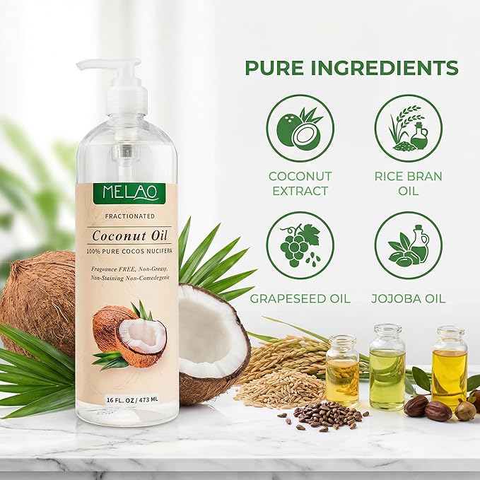 Coconut Oil for Skin Natural Fractionated Coconut Oil Massage Oil for Hair Body Hydrating Non-Greasy Lightweight Fast Absorbing Skin Care for SPA Massage Therapy Dry Skin Relief 473ml/16 fl.oz Elitzia