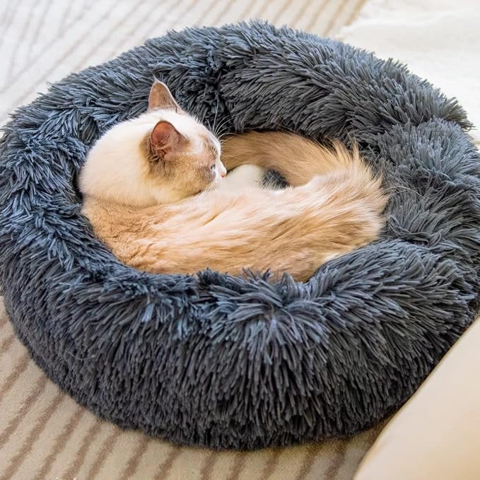 Cat Beds for Indoor Cats - Cat Bed Washable 20 inches, Dog Beds for Small Medium Dogs, Anti Anxiety Round Fluffy Plush Faux Fur Pet Bed, Thick Bottom (Dark Grey, Medium)