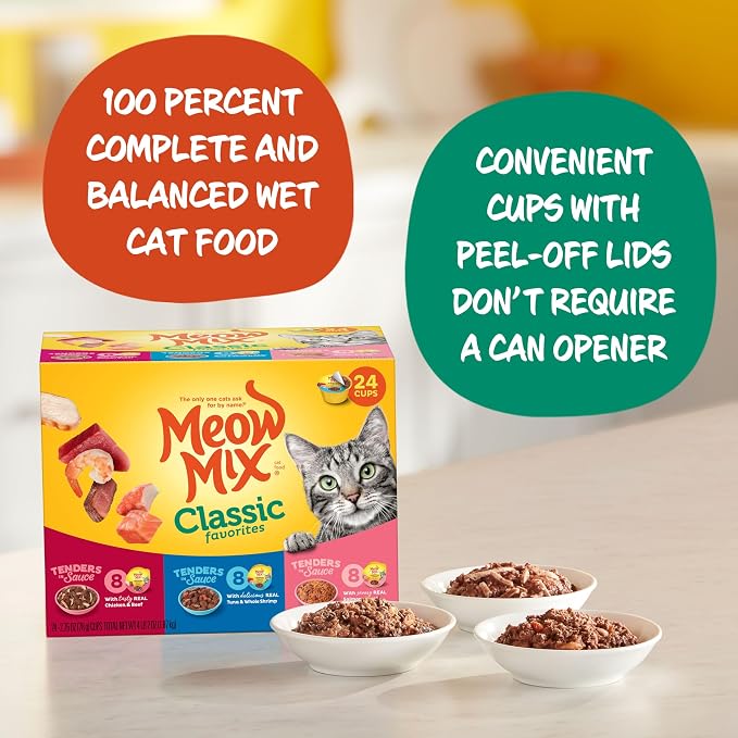 Meow Mix Classic Favorites, Wet Cat Food Variety Pack, 48 Cups | 2.75-oz. cups, three wholesome chicken, beef, or seafood combinations served in sauce