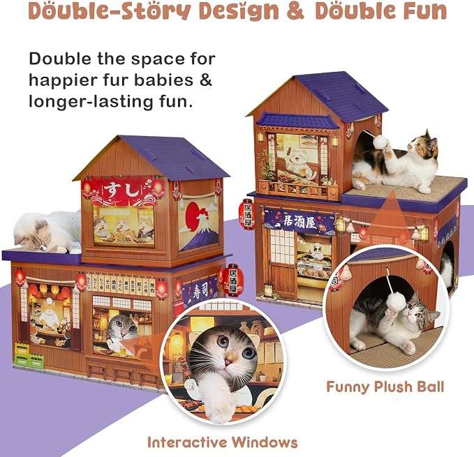 Cardboard Cat Houses for Indoor Cats Kitten Scratcher Houses Izakaya Themed | Cat Condos Hut Hideout Play House Bed with Scratching Pads, Scratch Box for Large Kitty Rabbit Bunny Small Animals