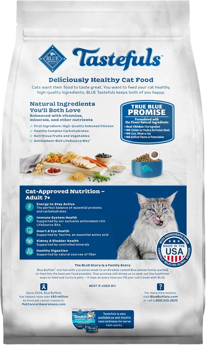 Blue Buffalo Tastefuls Chicken & Brown Rice Senior Dry Cat Food, 10 lb | Chicken & Brown Rice Recipe, For Cats 7 Years and Older, Antioxidant-Rich LifeSource Bits