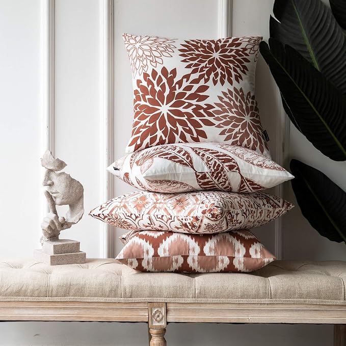 Phantoscope Set of 4 New Living Series Leaf Geometric Caramel Throw Decorative Pillow Cover Cushion Cover 18 x 18 inches 45 x 45 cm