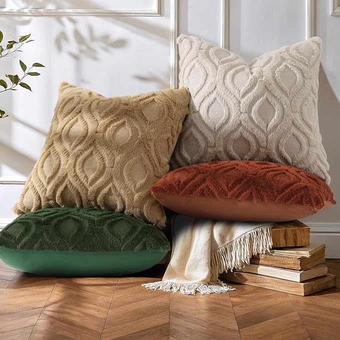 decorUhome Faux Fur Plush Soft Beige Throw Pillow Covers 18x18 Set of 2 | Wool Solid Fall Couch Pillow Covers, Accent Modern Farmhouse Neutral Decorative Square Pillow Cases for Sofa Bed Living Room