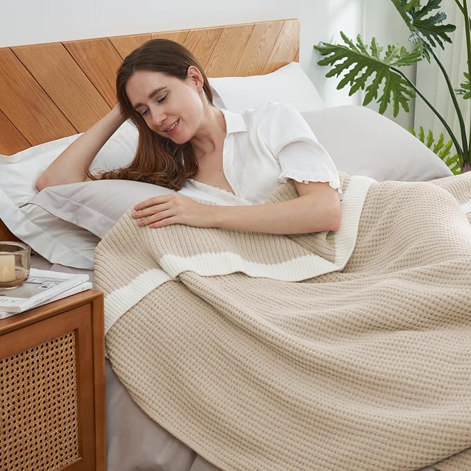 Chenille Throw Blanket, Soft Cozy Waffle Throw for Couch & Sofa, Warm Yet Lightweight, Breathable All-Season Throws for Women Men, Housewarming, Birthdays, 60"x80", Beige