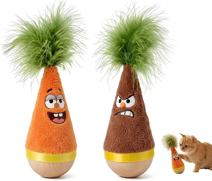 Wooden Wobble Cat Toy, Natural Beechwood Self-Righting Tumbler – 2-Pack Angry & Happy Carrot Kicker, Interactive Silent Cat Toy for Indoor Cats, Battery-Free Plush, Aesthetic Home Decor Gift
