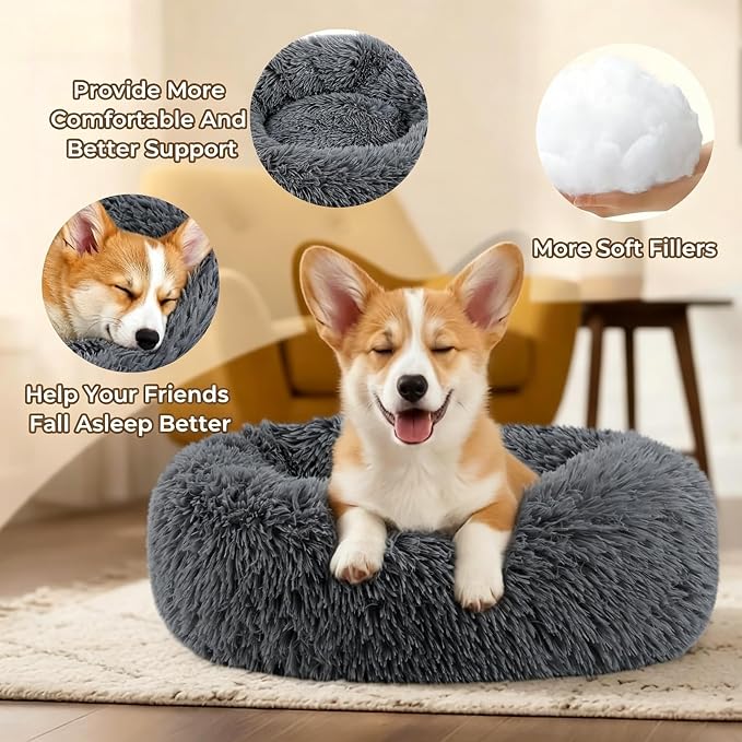 Calming Donut Dog and Cat Bed for Indoor Cats, Anti-Anxiety Round Fluffy Soft Washable Small Pet Bed for Puppy and Kitten, Warming Comfortable Luxury Anti-Slip Waterproof Mute Base 20in Dark Gray