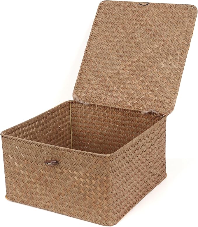 Moosky Wicker Shelf Baskets with Lid, Handwoven Seagrass Storage Basket Bins Square Gift Boxes for Shelves Home Decor Organizer (Coffee, Large)