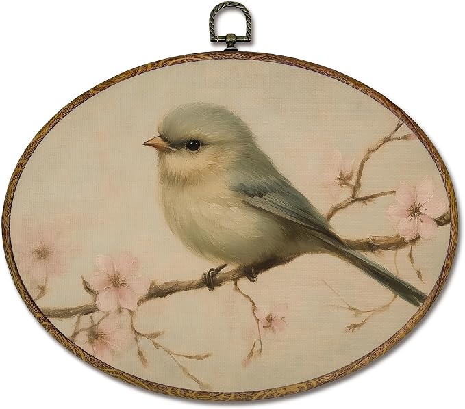 LKETW Vintage Bird Oval Wall Art Decor, Rustic Farmhouse Oval Canvas Hanging Decor, Cottagecore Country Floral Bird Wall Decorations for Home Bedroom Living Room, 8.6x11.4 Inch