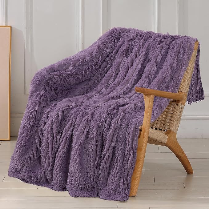 Decorative Extra Soft Fuzzy Faux Fur Throw Blanket 50" x 60",Solid Reversible Long Hair Shaggy Blanket,Fluffy Plush Comfy Microfiber Fleece Blanket for Couch Sofa Bedroom,Patrican Purple