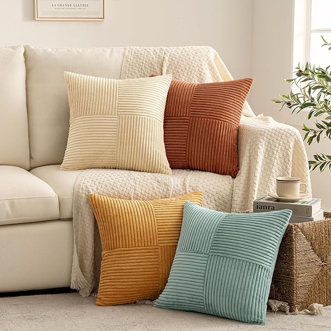 MIULEE Fall Boho Farmhouse Decorative Throw Pillow Covers 20x20 Inch 4 Packs Soft Vintage Pillow Cases Modern Corduroy Patchwork Cushion Covers for Couch Sofa Bed Home Decor, Teal-Rust