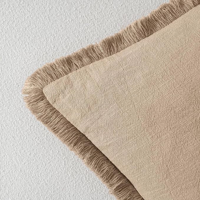 MIULEE Boho Linen Fringe Decorative Throw Pillow Covers Camel 20x20 | Set of 2, Cottagecore Decor, Boho Farmhouse Neutral Pillow Covers, Rustic Couch Cushion Cases for Sofa Bed Living Room