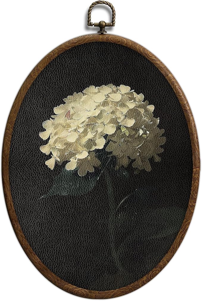 Vintage White Hydrangea Oval Wall Art, Spring Floral Flowers Oval Framed Wall Art, Waterproof Cottage Core Home Decor for Western Farmhouse Bedroom Living Room, Home Retro Decor Products, 16