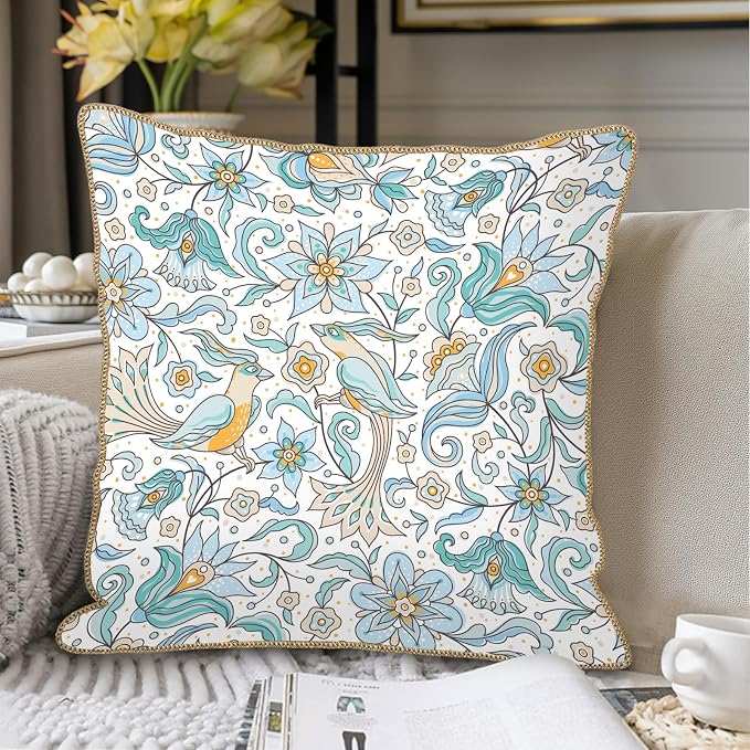 KSLIDS Vintage Floral Soft Velvet Throw Pillow Covers Set of 2 Blue Yellow Flower Birds Decorative Pillow Covers 20x20 Inch Chinoiserie Country Pillow Case for Sofa Couch Bedroom Farmhouse Home Decor