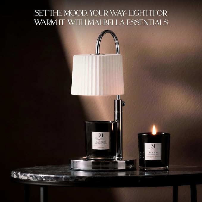 Candle & Warmer Set – 8.5 oz Coconut Blend Luxury Candle + Hand Blown Glass Lamp Warmer | Modern Self-Care Gift Set | Flameless Aromatherapy (Chrome, Sage Noir)