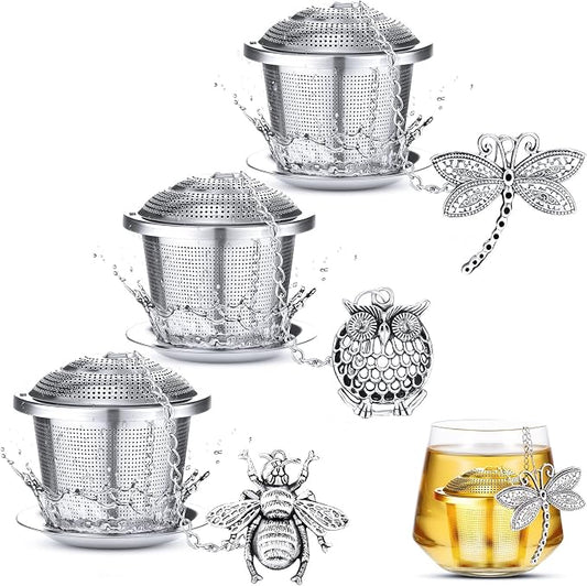 3 Sets Tea Infusers Steeper for Loose Leaf Tea Holder Stainless Steel Tea Ball Mesh Strainer Filters with Drip Trays and Pendant(Insects Style)