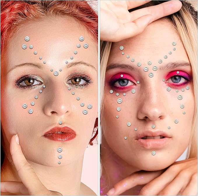 591pcs Face Gems Hair Gems Pearls, Self-Adhesive Face Jewels Eye Rhinestones 3/4/5/6/8 mm Face Gem Stick on, Halloween Makeup Gems Rave Accessories for Face Eyes Body Makeup (04.White Pearl)