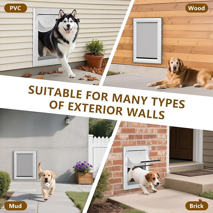 Ownpets Aluminum Large Dog Door for Wall and Door, Double Flap Energy Efficient, Telescoping Tunnel and Lock Panel, Heavy Duty Doggy Door for Dogs Up to 100lbs | Inner 11.4* 17.7 For Dog ≤100lbs, Telescoping Tunnel, Double Flap Insulation Energy Effici...