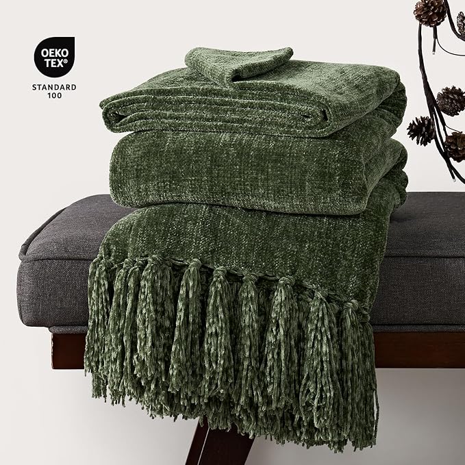 Chenille Knit Throw Blanket for Couch, 50"x60", Olive Green | Cozy Plush Fuzzy Knittd Throw with Tassels, Lightweight, Decorative, Farmhouse Decor, Ideal for Bed Sofa Gift, All Seasons