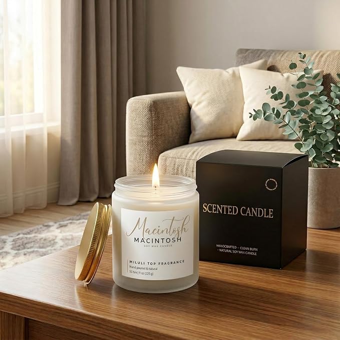 Macintosh Scented Candles for Home - 15% Essential Oil Luxury Aromatherapy - Handmade Natural Soy Wax Candle for Stress Relief & Relaxation - 9oz Frosted White Jar, 50H Clean & Non-Toxic Burn