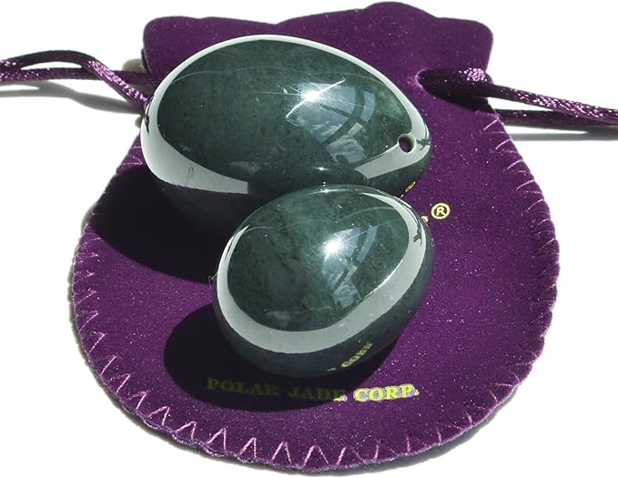 2-PCS Egg Set Made of Real Nephrite Jade for Beginners and Intermediate Users for Wellness Training, Drilled, Large & Medium 2-Size, by Polar Jade