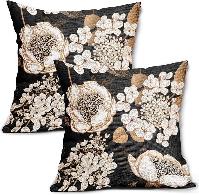 Vintage Flowers Pillow Covers 22X22 Inch Set of 2 White Floral Gold Leaves Botanical Decorative Pillow Cases Rustic Black Cotton Linen Cushion Case Farmhouse Home Decor for Sofa Couch Living Room