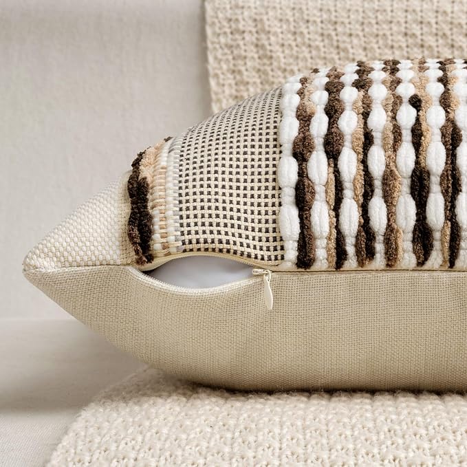 ANRODUO Boho Decorative Pillow Covers Dark Brown Stripe 20x20 Pack of 2 | Throw Pillow Covers, Farmhouse Cushion Case, Chenille Pillow Cases, Pillow Covers, Accent Neutral Pillowcase for Couch Bed