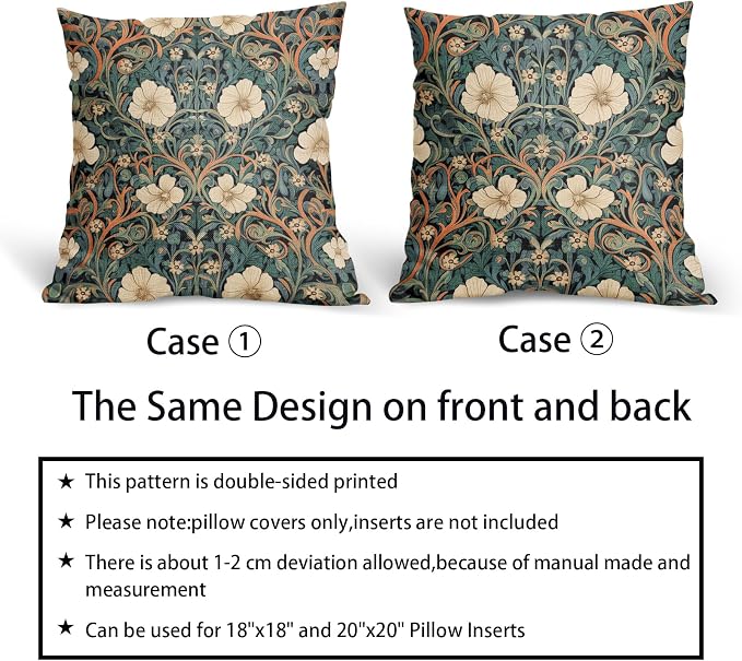 Vintage Floral Lumbar Pillow Covers 22x22 Inch Orange Whtie Green Toile Flowers Pillow Cases Chinoiserie Aesthetic Tapestry Linen Cushion Case Farmhouse Home Decor for Sofa Couch Porch Outdoor Set 2