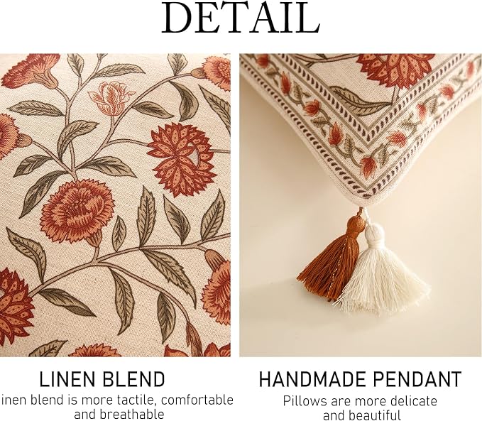 Vintage Linen Square Throw Pillow Cover,Set of 2,18"x18"-Albano A | Designer French Pillow Cover,Concealed Zipper Design,Orange Floral Pattern,Sofa,Bedroom,Living Room,Lounge Chairs