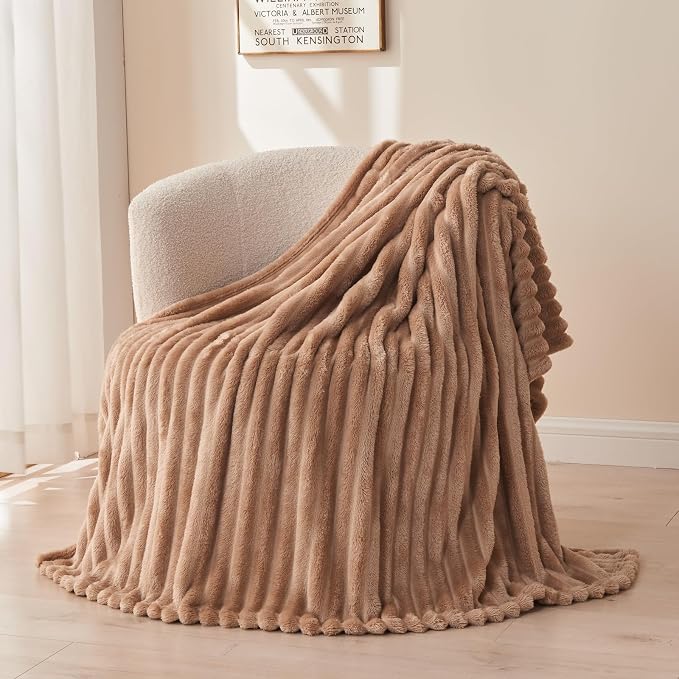 NEWCOSPLAY Fleece Ribbed Cozy Queen Blanket for Couch, Taupe, 90"x90" | Premium Silky Flannel Blanket, Soft Lightweight Fluffy Throw Blanket for Bed Sofa Decor, Gift for All Season Use