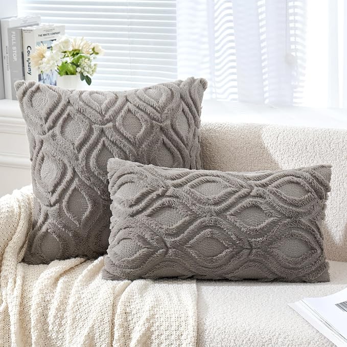 MIULEE Dark Grey Soft Plush Faux Wool Throw Pillow Covers 18x18 | Set of 2, Farmhouse Boho Home Decor, Decorative Cushion Covers for Sofa, Living Room, Bed