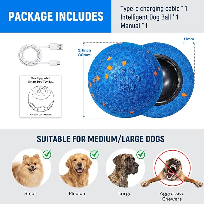 Interactive Dog Ball Toys - Automatic Moving, Bouncing Chew Toys, Wicked Balls with 3 Modes, E-TPU Vibrating Dog Ball for Small/Medium/Large Dogs, Birthday Gifts for Dogs(Blue)