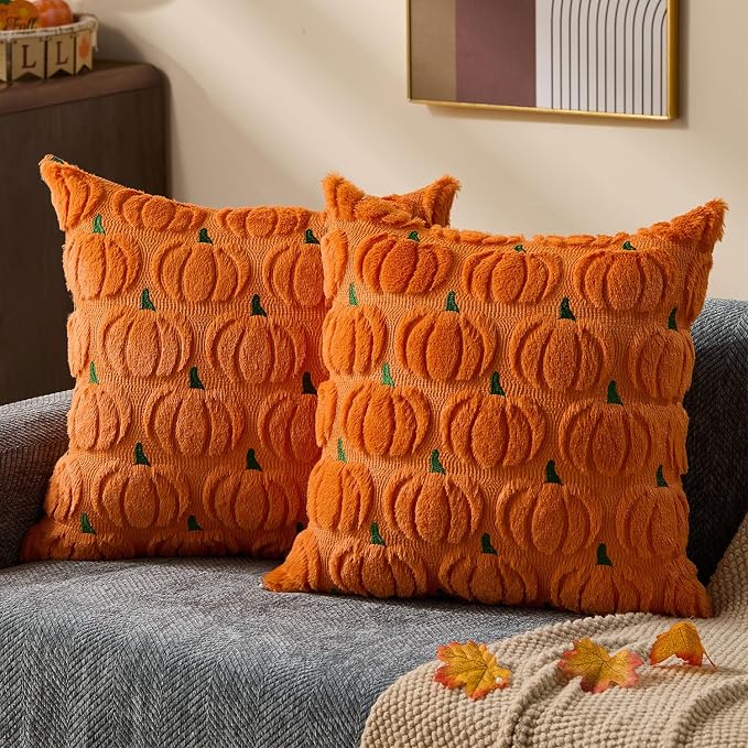DFXSZ Fall Pillow Covers 20x20 2Pcs Orange Green Pumpkin Fall Decorations | Fall decor Set of 2 Throw Pillow Cases Soft Plush Faux Fur Wool Couch Cushion for Chair Sofa Bedroom Living Room Home Decor