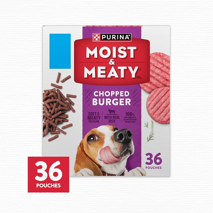 Purina Moist & Meaty Soft Dog Food Pouches, 36 ct | Chopped Burger Flavor adult dog food, made with real beef, individual pouches, no-mess meal or tasty treat