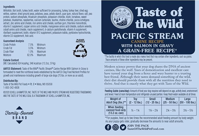 Taste of the Wild Pacific Stream Wet Food Salmon in Gravy 13.2oz Case of 12 | Puppy & Adult Dogs | Grain Free Recipe* | Complete & Balanced to Satisfy Finicky Dogs | Sweet Potatoes for All Day Energy