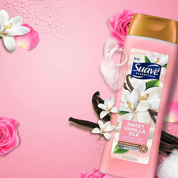Suave Moisturizing Body Wash Women, Sweet Vanilla with Vitamin E and Aloe Extracts, No Parabens, No Phthalates, 18 Oz (Pack of 6)