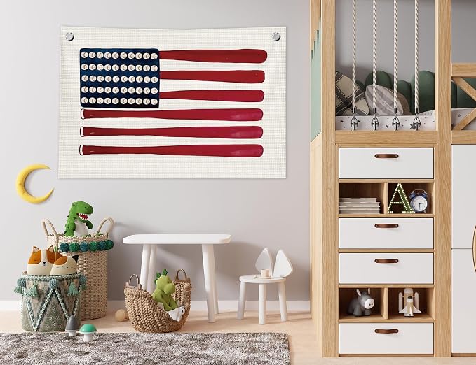 Vintage Sports Baseball Wall Art Decor Canvas Banner | Retro Baseball Wall Decorations for Boys Room Nursery Bedroom Playroom, Base Ball Bat American Flag Banner, 30x20 in