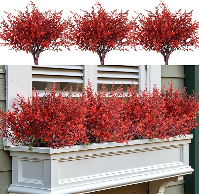 RECUTMS Fake Fall Outdoor Flowers Artificial Lavender Plants,Autumn Decor | 20 Packs Faux Fall Greenery UV Resistant Artificial Wine Red Flowers Fake Outdoor Faux Autumn Plants for Garden Party Cabinet