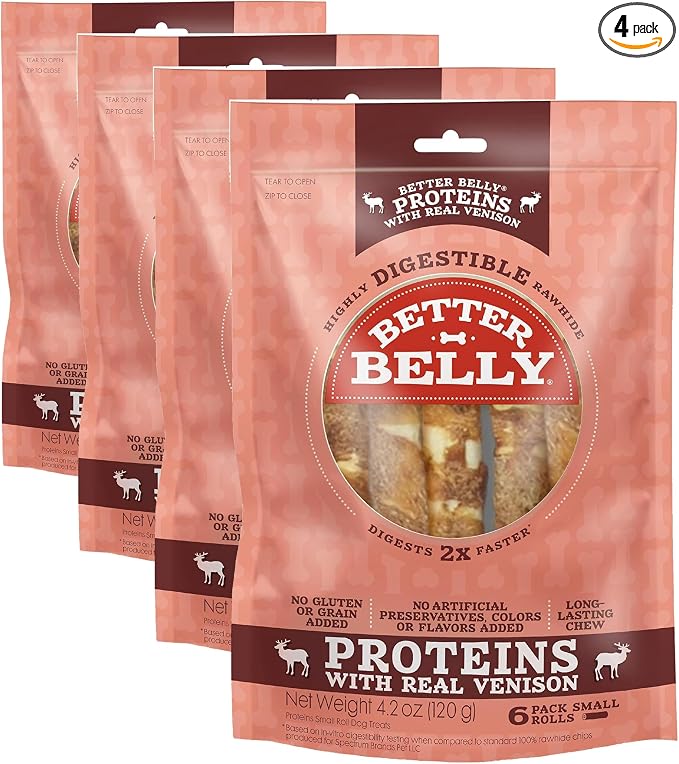 Better Belly Proteins with Real Venison Small Rolls 6 Count, Digestible Rawhide for Dogs, 4.2 OZ (Pack of 4)