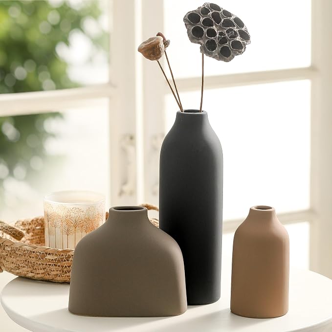 Enra Modern Ceramic Vase Set of 3, Minimalist Pottery Vases for Home Decor | 3-piece matte pottery accents in varied sizes, perfect for shelves, tables, mantels, dried flowers and pampas grass styling.