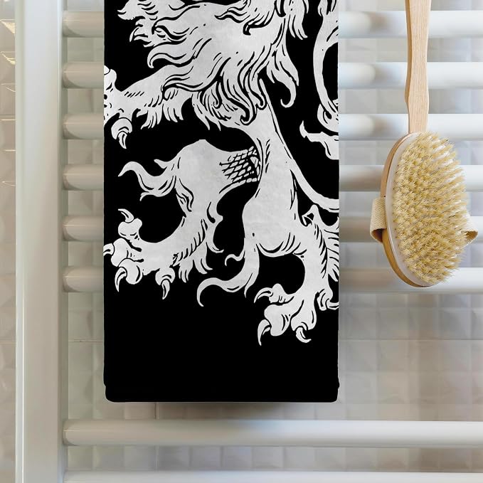 3dRose Cool Vintage Heraldic Royal Lion in White on Black 22x30 Bath Hand Pool Towel