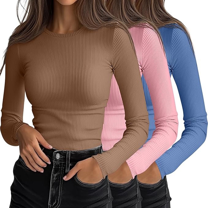 Ficerd 3 Pack Women's Ribbed Long Sleeve Tops, Crew Neck Slim Fit Undershirts Knit Basic Casual Stretch Layering Tee Shirts